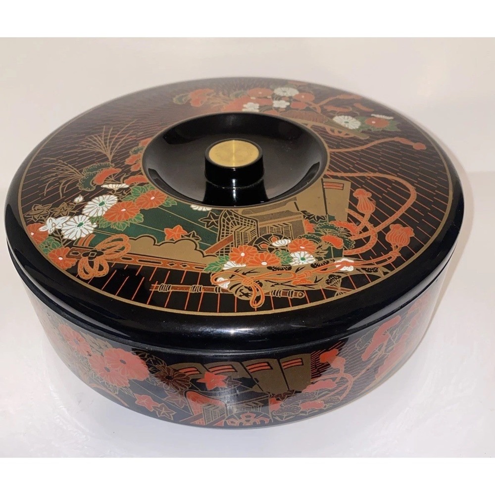Japanese Floral Black Lacquer Tray